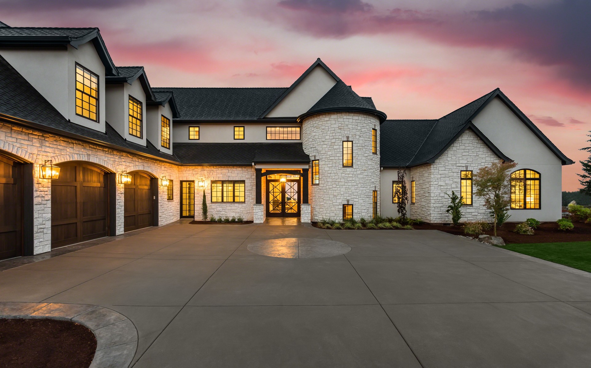 Stunning luxury home exterior at sunset